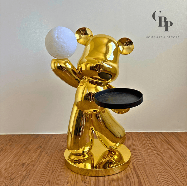 Modern Bear Floor Standing Decor Tray with Moon Lamp (Gold)