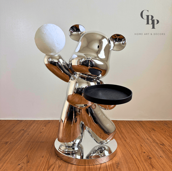 Modern Bear Floor Standing Decor Tray with Moon Lamp (Silver)