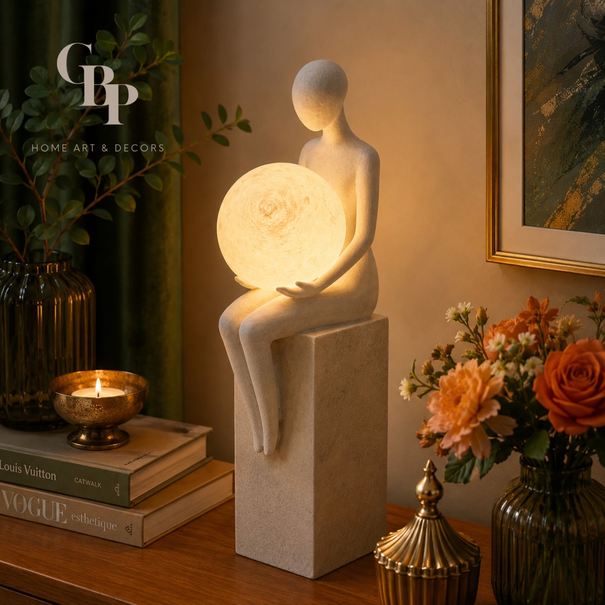 3. Nordic Minimalist Thinking Human Sculpture with Moon Night Lamp