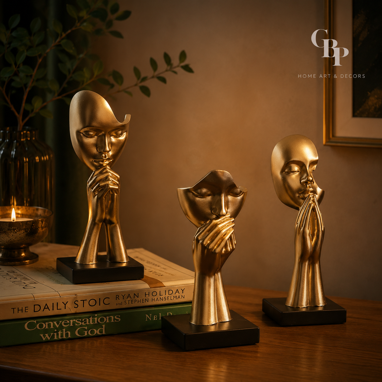 4. Abstract Praying Head Sculpture in Gold and Black