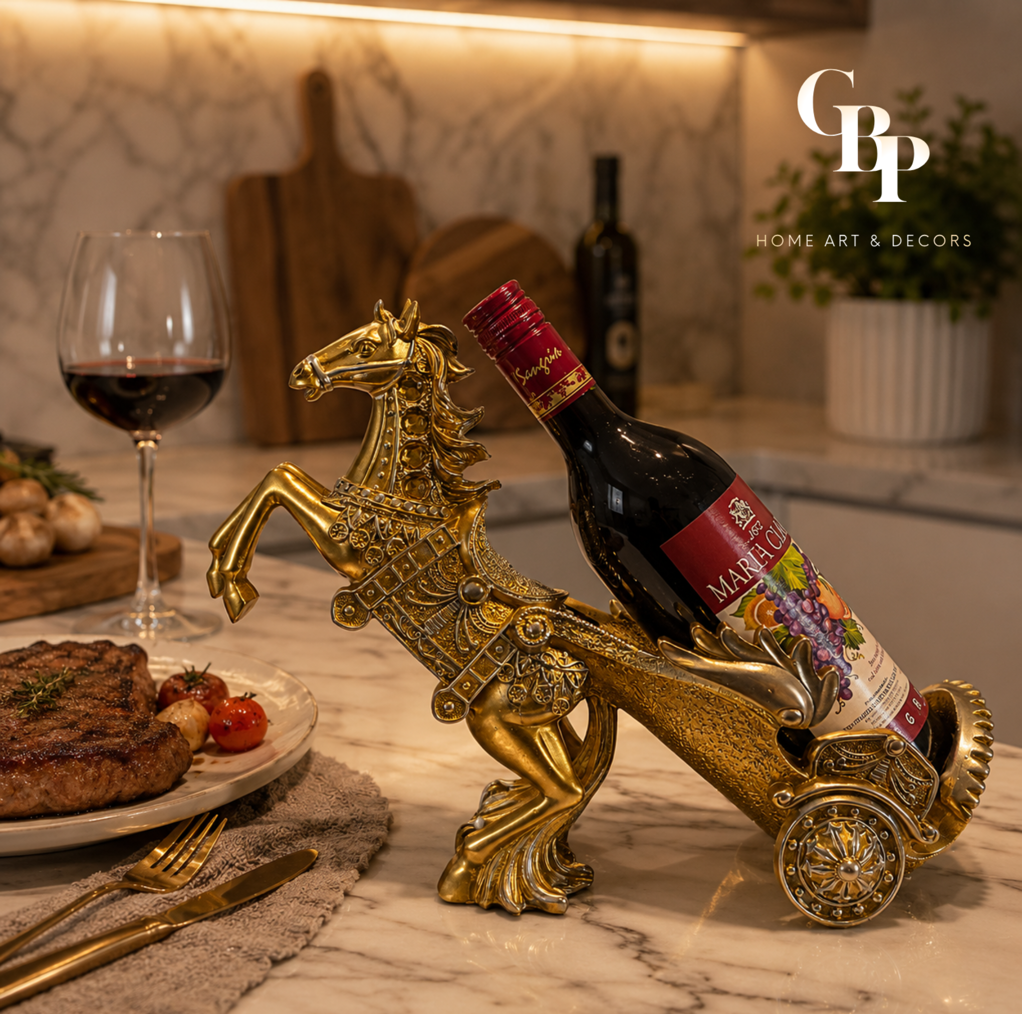 Golden Horse Chariot Wine Holder
