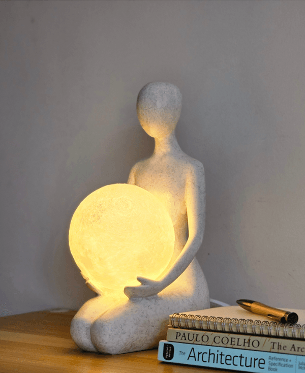 Nordic Minimalist Kneeling Human Sculpture with Moon Lamp