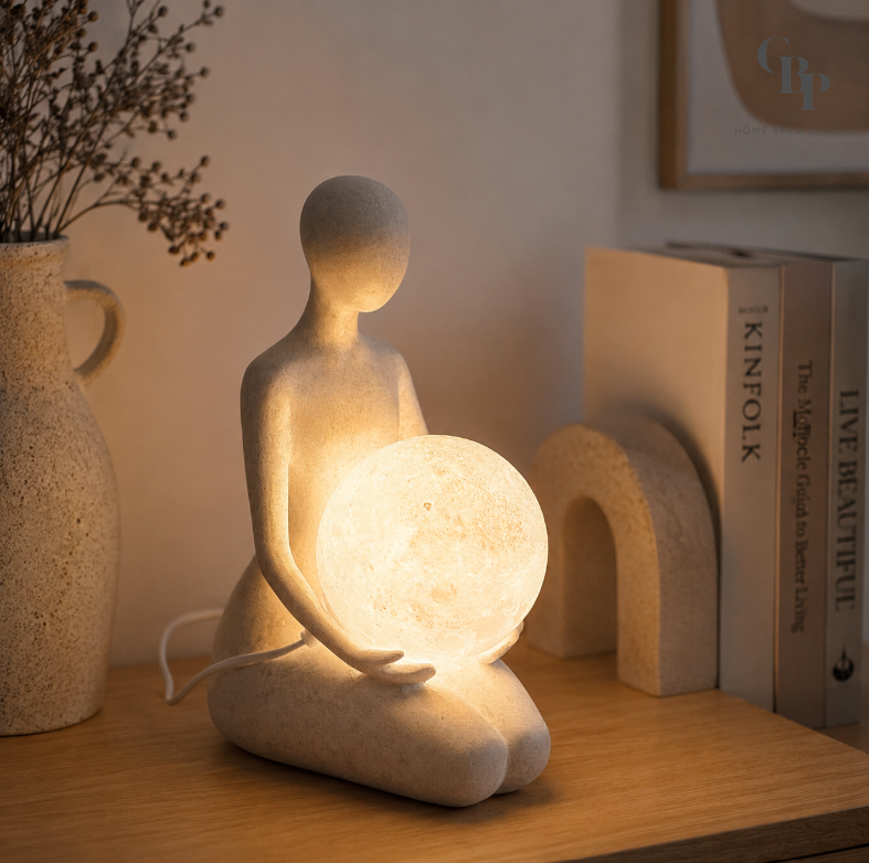 Nordic Minimalist Kneeling Human Sculpture with Moon Lamp