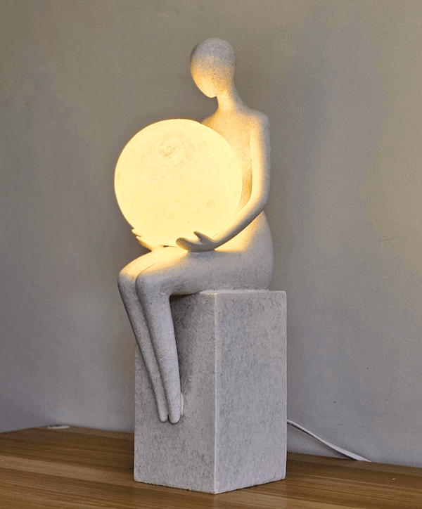 Nordic Minimalist Thinking Human Sculpture with Moon Night Lamp