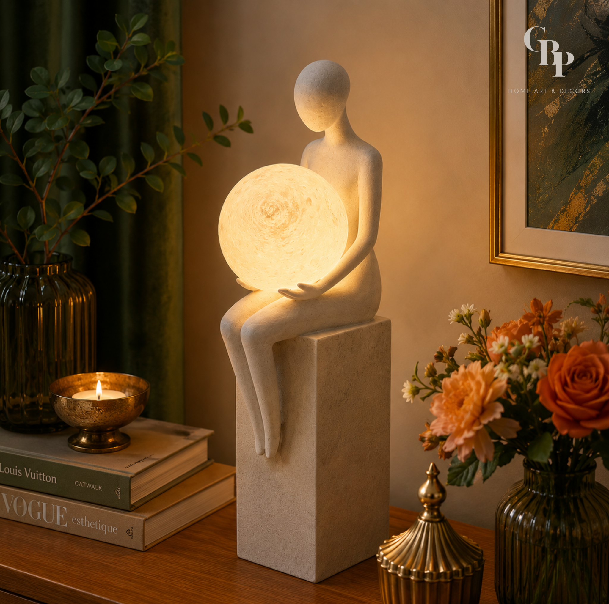 Nordic Minimalist Thinking Human Sculpture with Moon Night Lamp